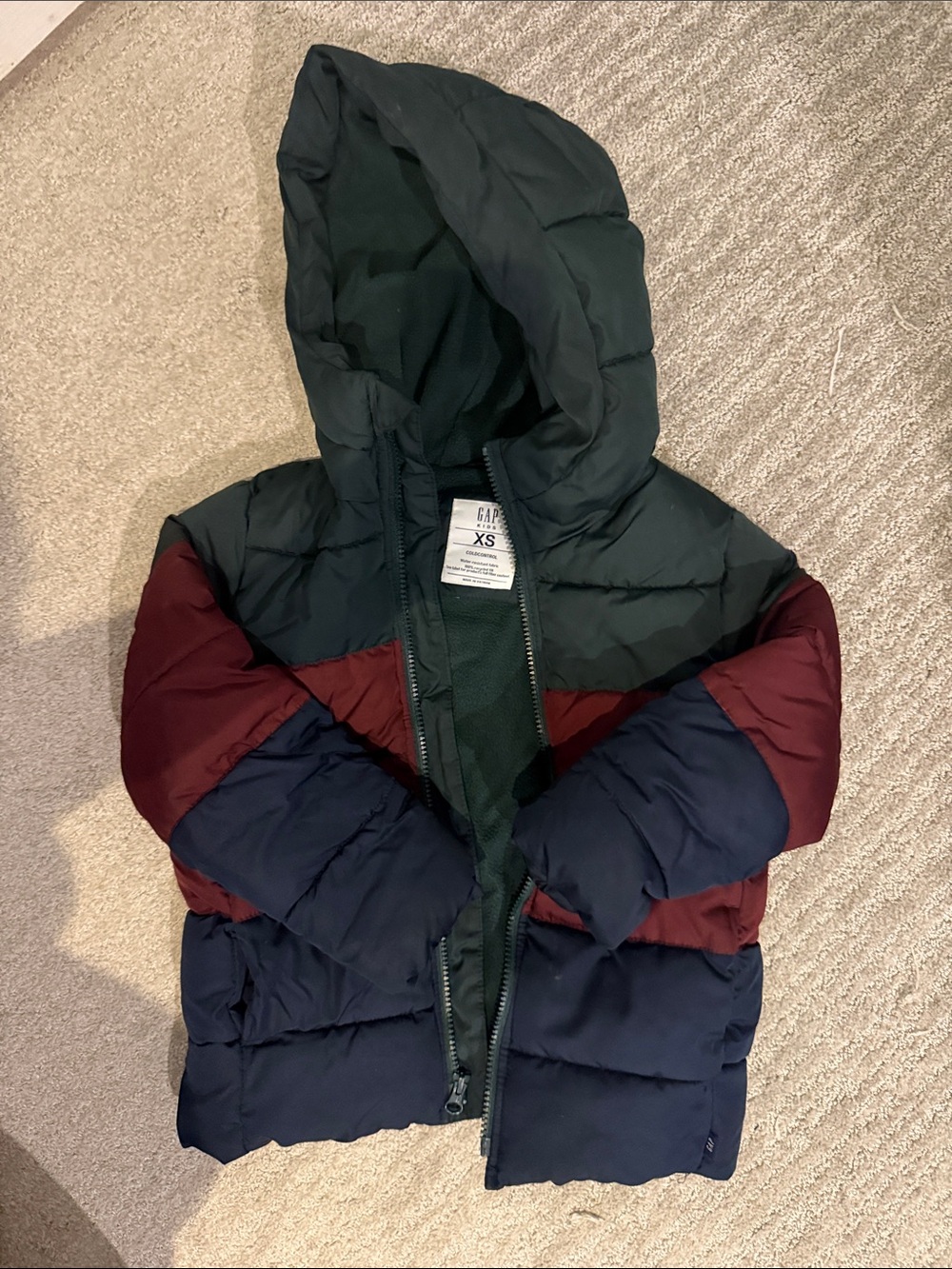 Gap Kids Colorblock Puffer Jacket - Green Burgundy Navy (XS) Boy Coat